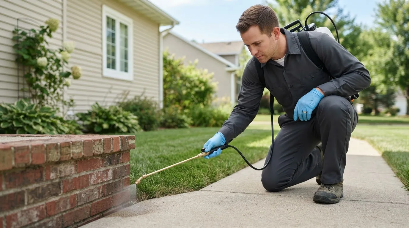 Pest control technician treating a home near Harrisonville, PA