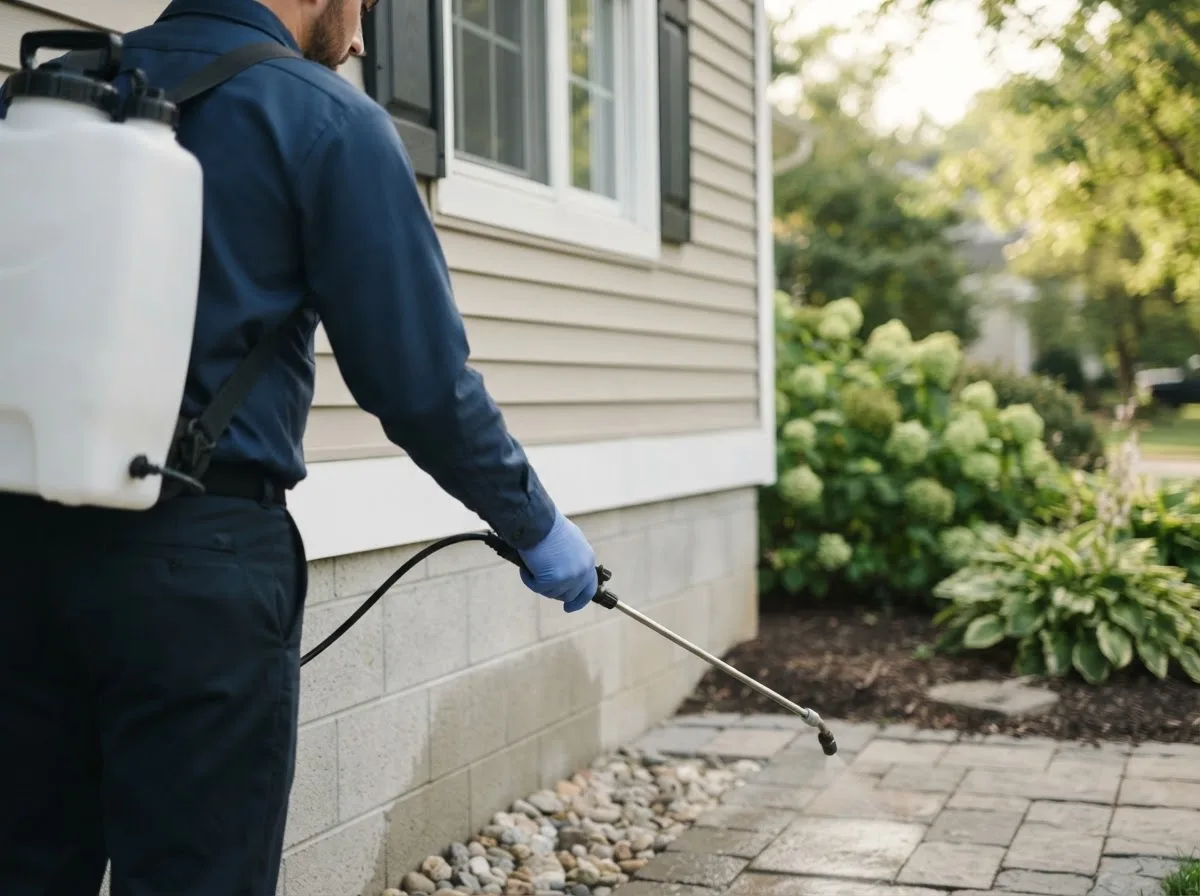 Pest control technician inspecting a home in Harrisonville, PA